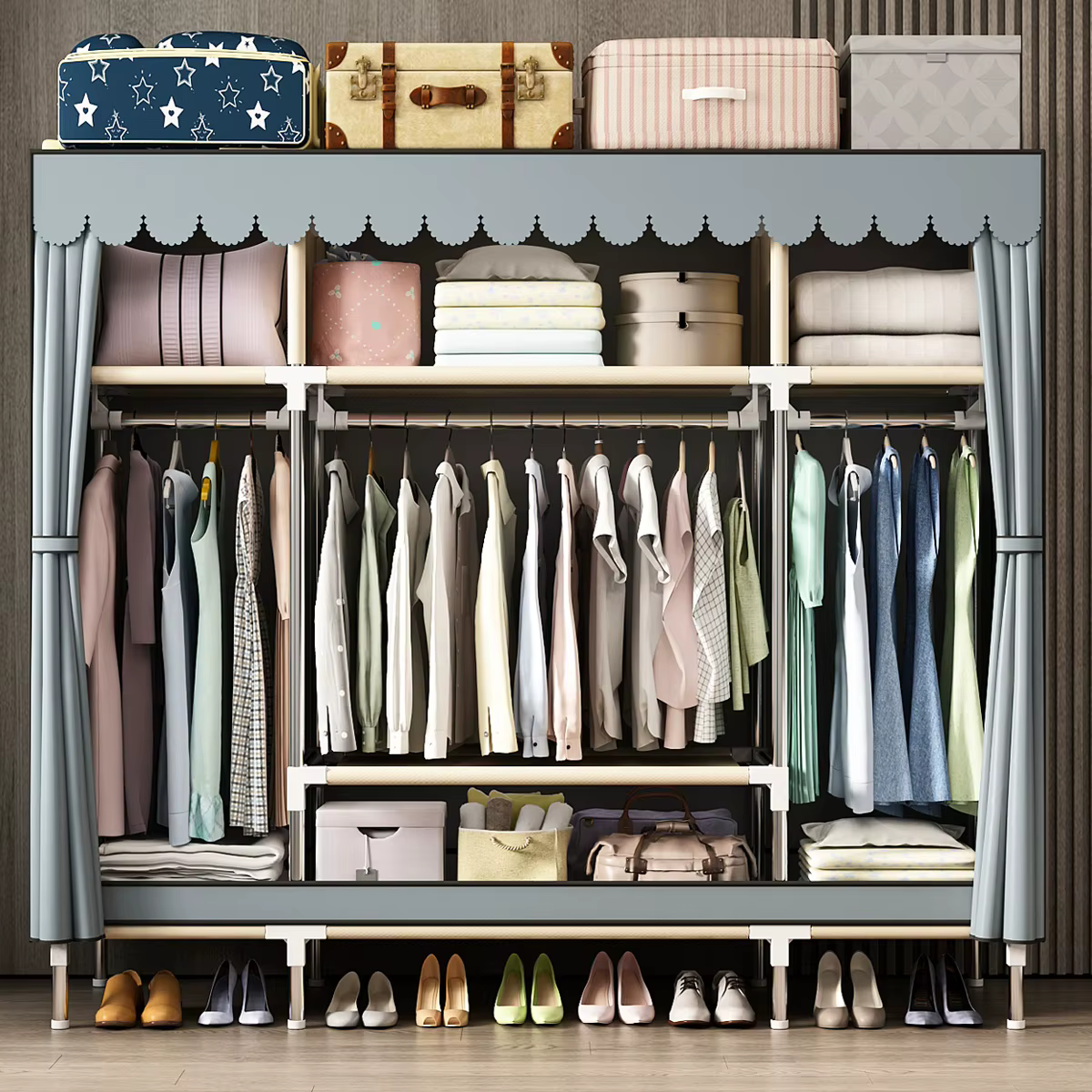 Rangement non tissé à double tige imperméable : armoire en tissu durable et minimaliste avec un larg