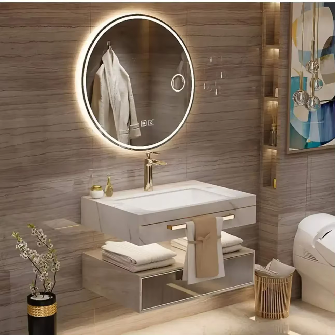 Armoire en Ardoise Moderne avec Miroir Intelligent, Double Lavabo en Céramique, Armoire Sous l'Évier