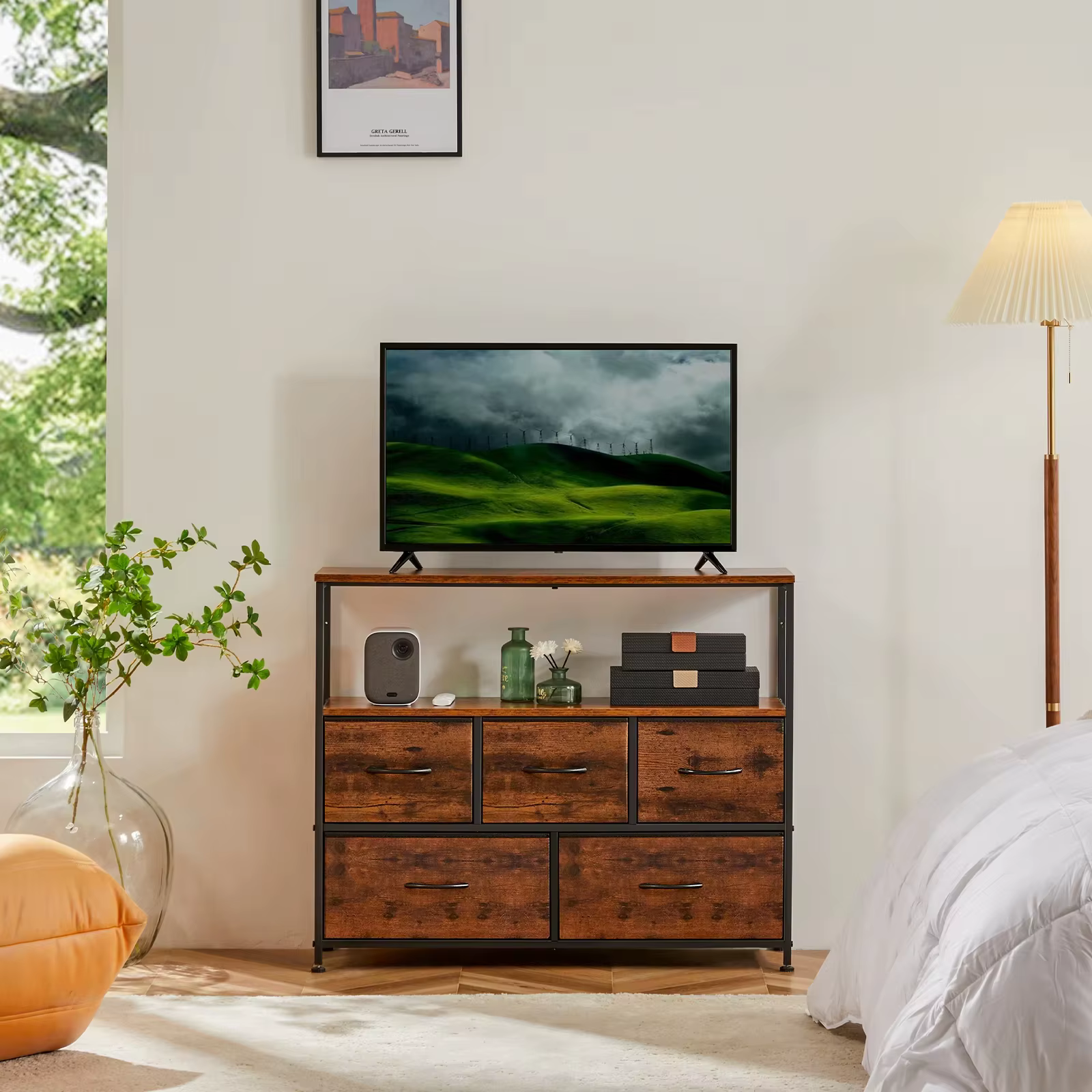 JHK cheminée meuble TV commode pour chambre à coucher avec 5 tiroirs en tissu placard de rangement p