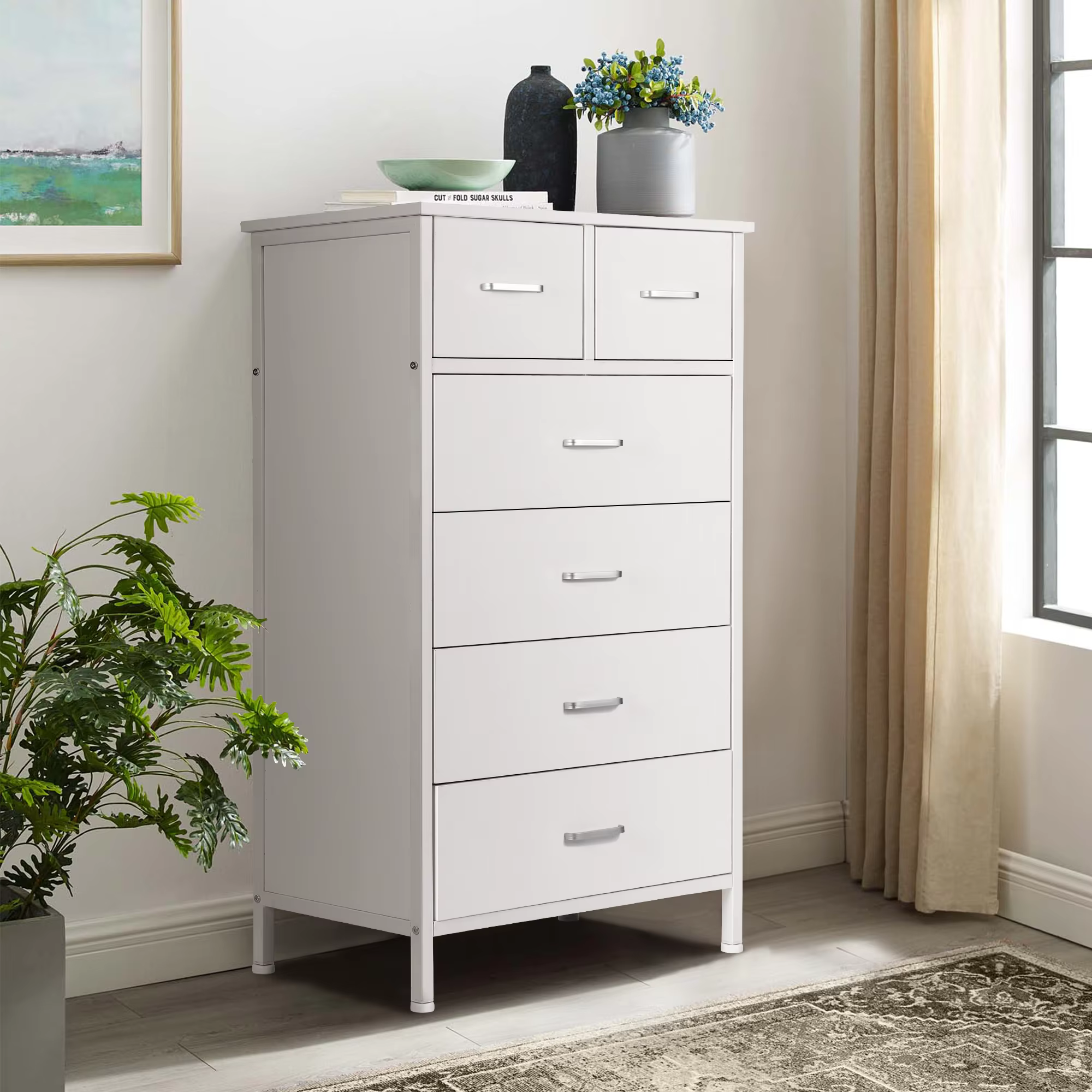Commode de rangement avec cadre en acier, commode, armoire, blanc, 6 portes, MELfur ser, chambre à c