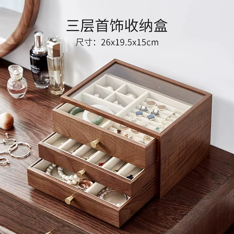 Boîte à bijoux en bois de grande capacité, armoire de rangement, haut de gamme chinois, or, nouveau,