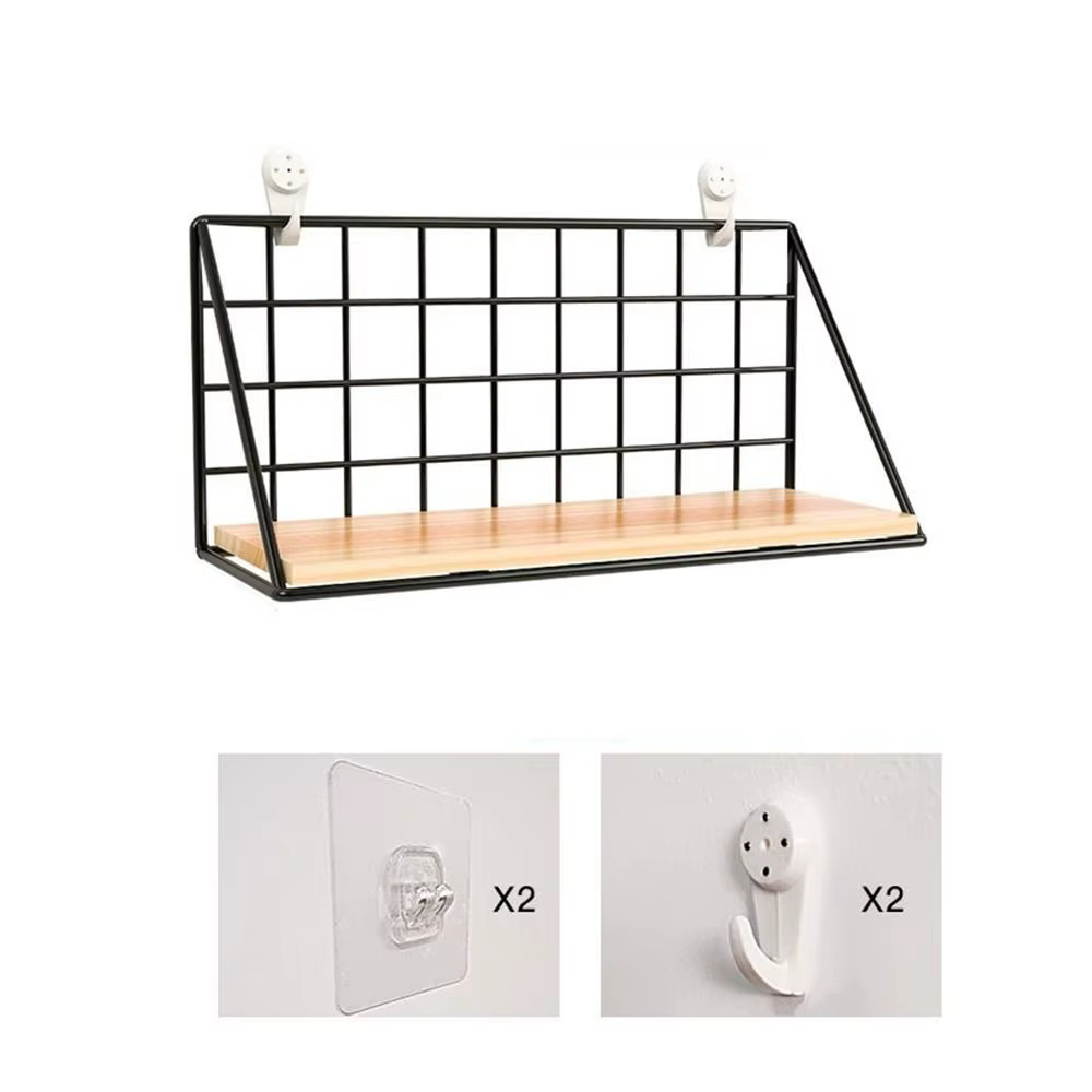 Étagère murale pratique en bois et fer noir, grille de rangement murale sans poinçon, panier suspend