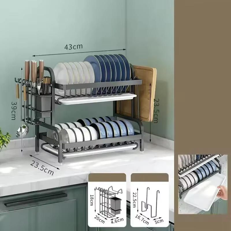 Égouttoir à vaisselle Compact à 2 niveaux, ensemble de égouttoir à vaisselle de cuisine, grand égout