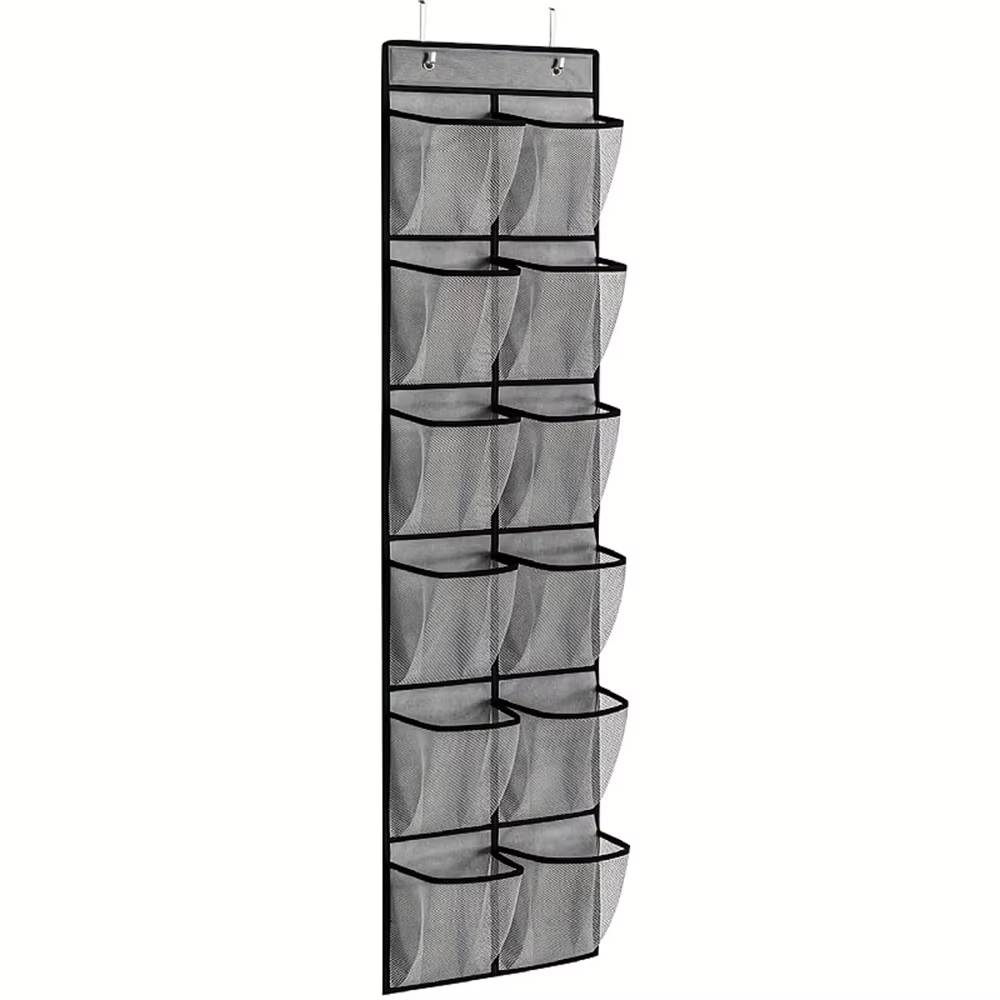 Organisateur de chaussures à 12 poches au-dessus de la porte, grandes poches en maille avec 2 croche