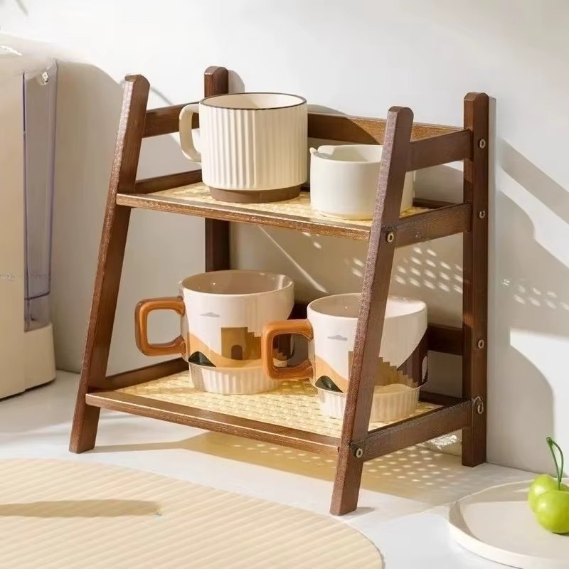 Étagère de rangement rétro en bambou à 2 niveaux, organisateur de comptoir stable, étagère de cuisin