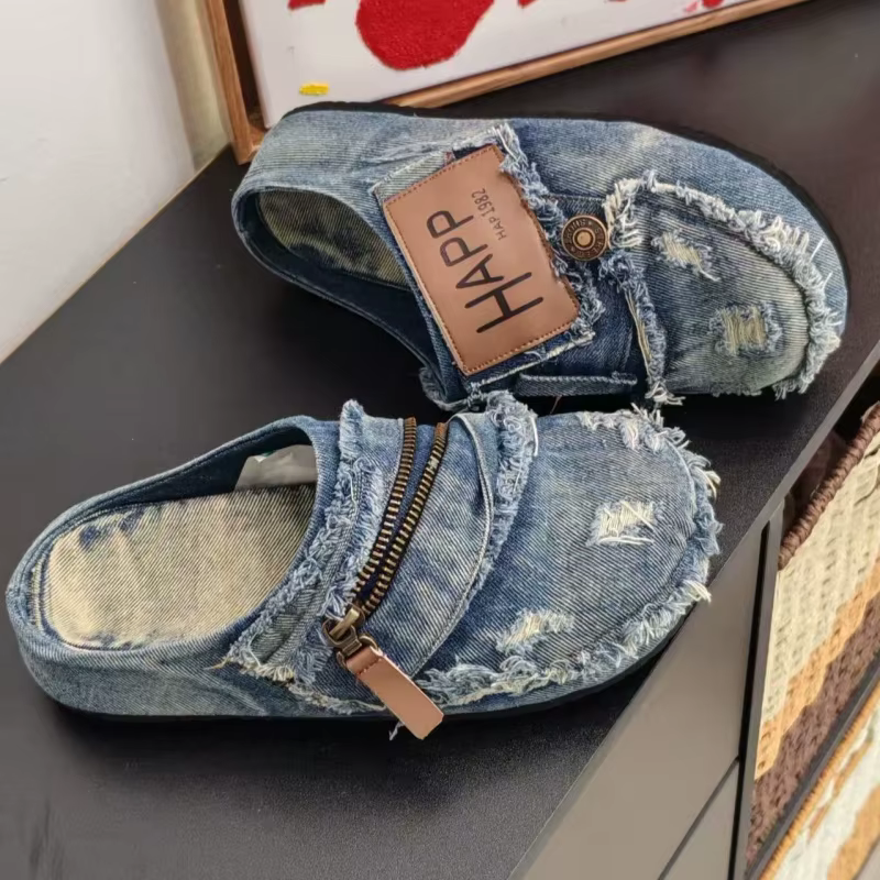 Chaussures décontractées en denim pour hommes, mules d'été confortables, mocassins à plateforme, san