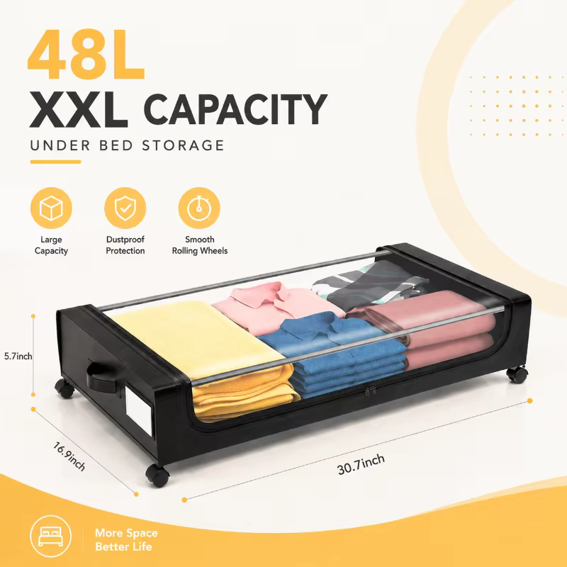 Bacs de rangement sous lit à roulettes 48L, conteneurs de rangement sous lit transparents avec couve