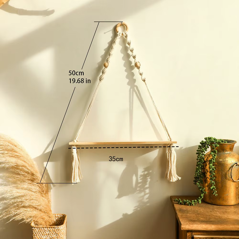 Étagère murale en bois, perles en bois, feuille de macramé, étagères flottantes, décor nordique, pré