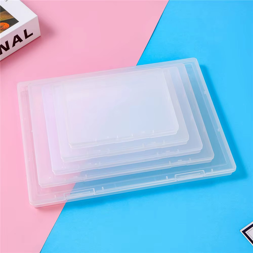 Boîte de rangement pour documents en plastique plat, transparente, de forme rectangulaire, pour clas