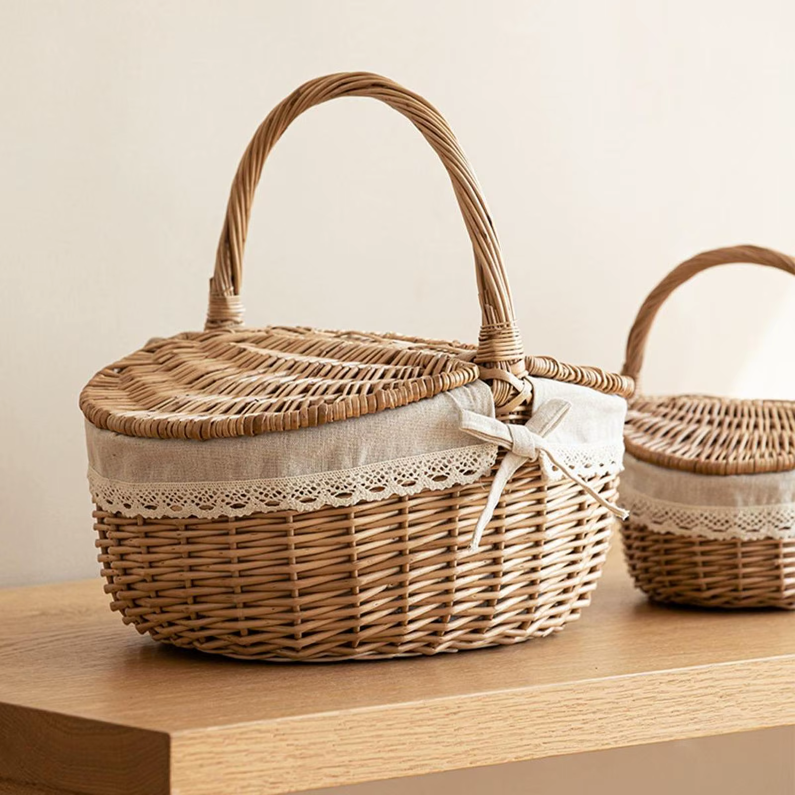 Panier de rangement tissé, panier en saule avec poignée et couvercle, panier de pique-nique en osier