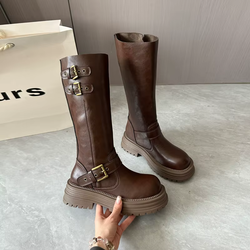Bottes hautes pour femme à boucle de ceinture de créateur, bottes longues de chevalier à plateforme 