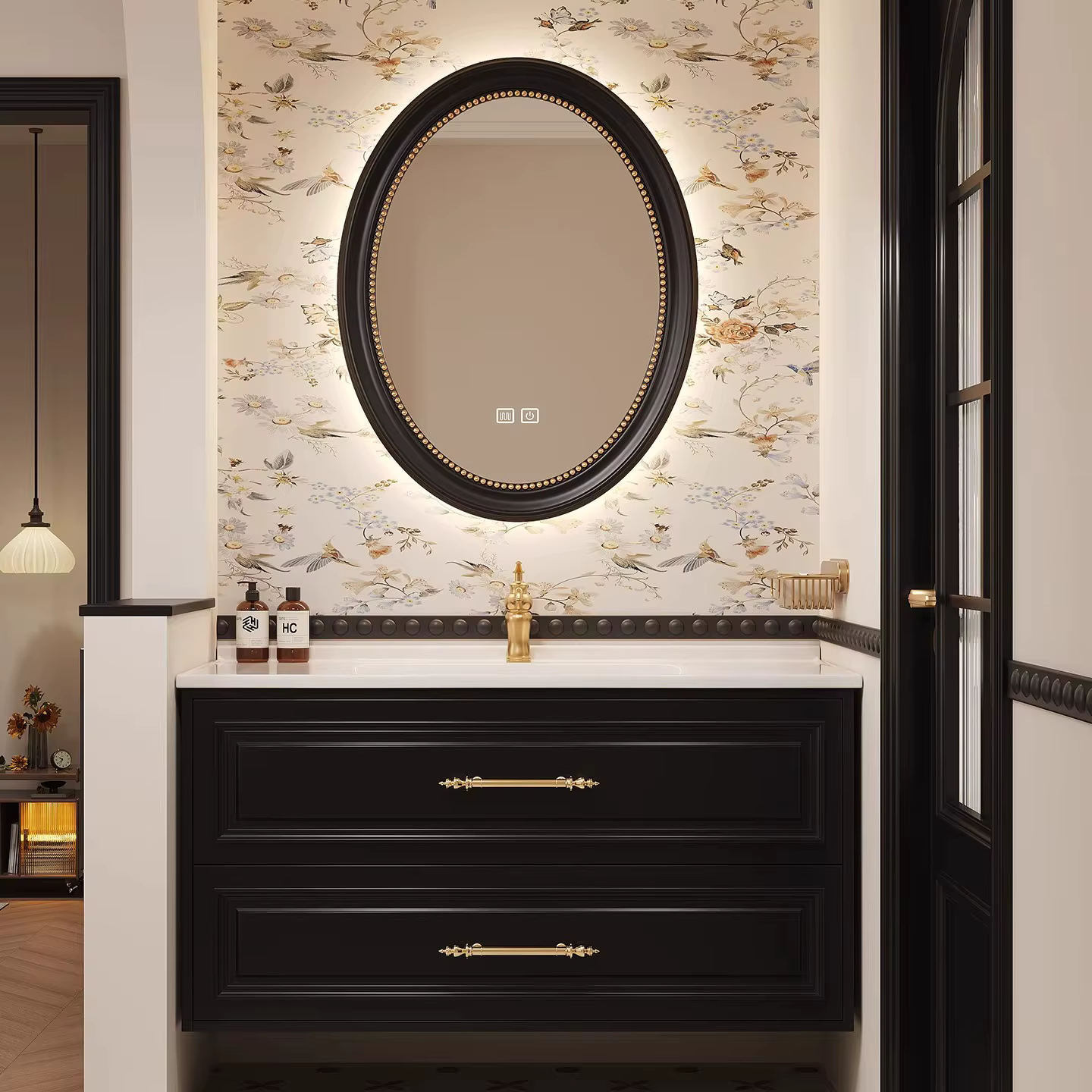 Meuble mural de salle de bain en chêne massif laqué, style rétro français, de luxe, avec lavabo inté