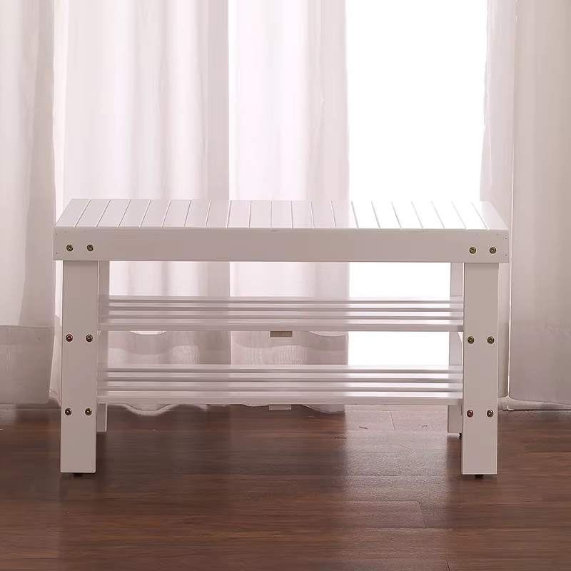 Banc à chaussures en bois massif de qualité Pina, finition blanche sur place