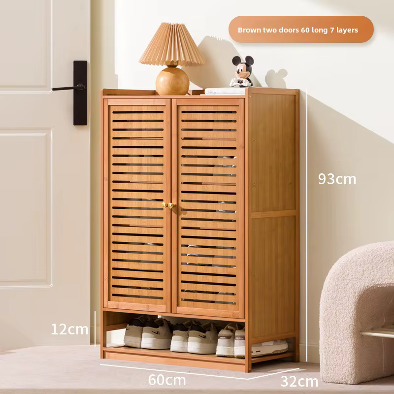Armoire à chaussures légère et luxueuse en bambou à portes à persiennes, armoire de rangement multi-