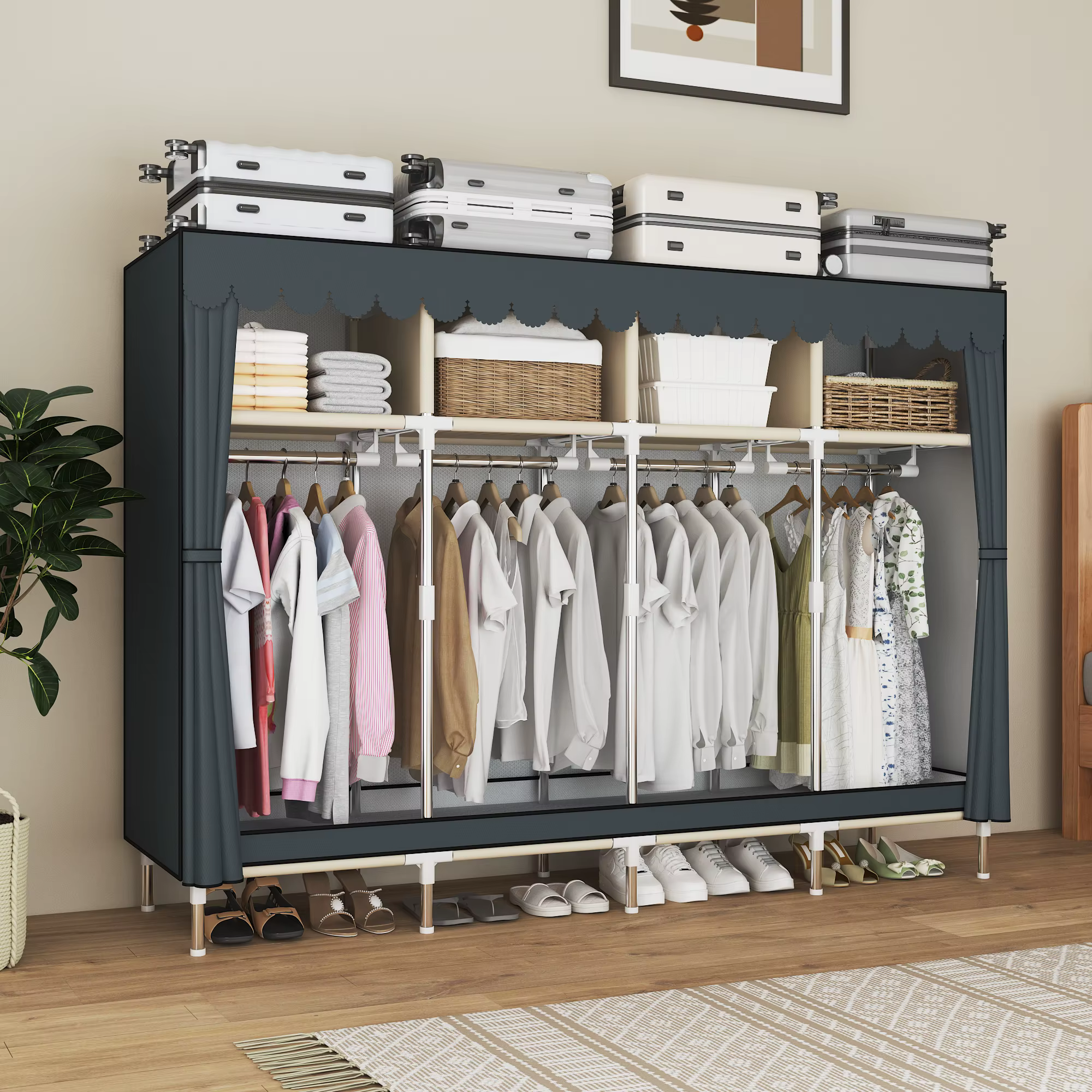 Placard de garde-robe portable autoportant avec 8 espaces de rangement pour familles, chambres à cou