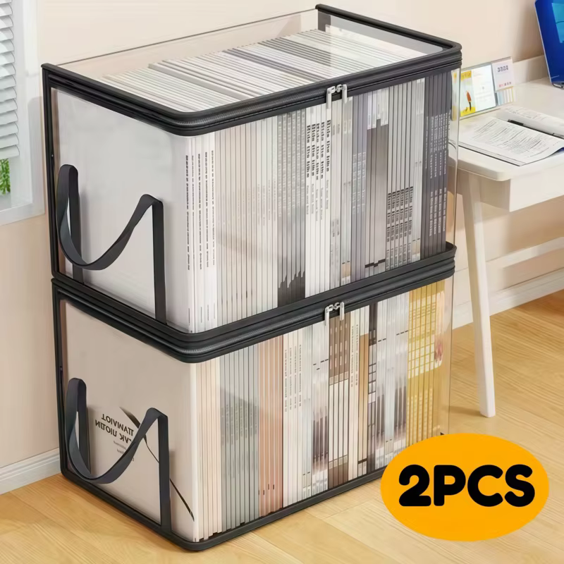 Lot de 2 grandes boîtes de rangement transparentes avec couvercle rabattable - avec cadre noir, orga