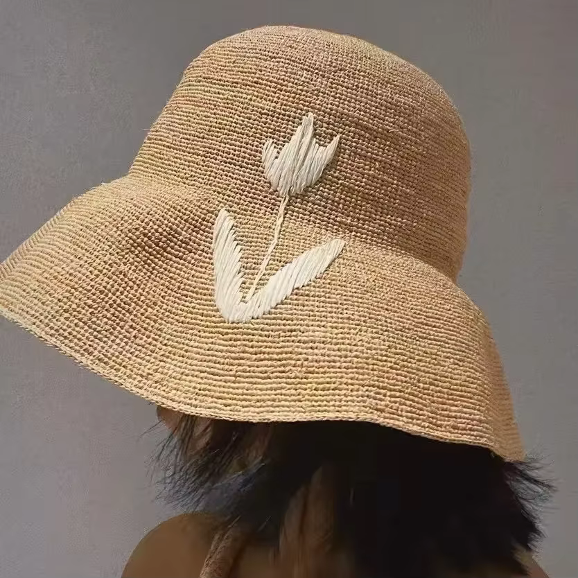 Chapeau de soleil en raphia naturel tissé à la main pour femmes, Protection solaire d'été, chapeau d
