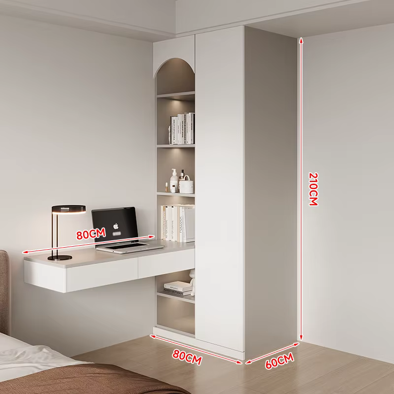 Armoire îlot gain de place avec bibliothèque et bureau intégré pour chambre à coucher, armoire de ra