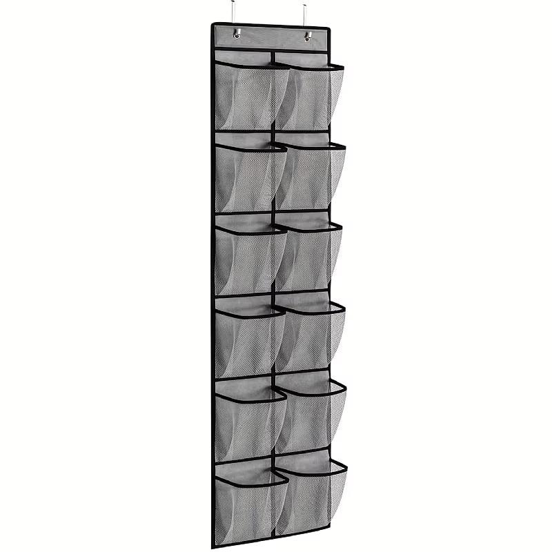 Organisateur de rangement pour chaussures suspendu sur la porte, 12 poches en filet, 2 crochets méta