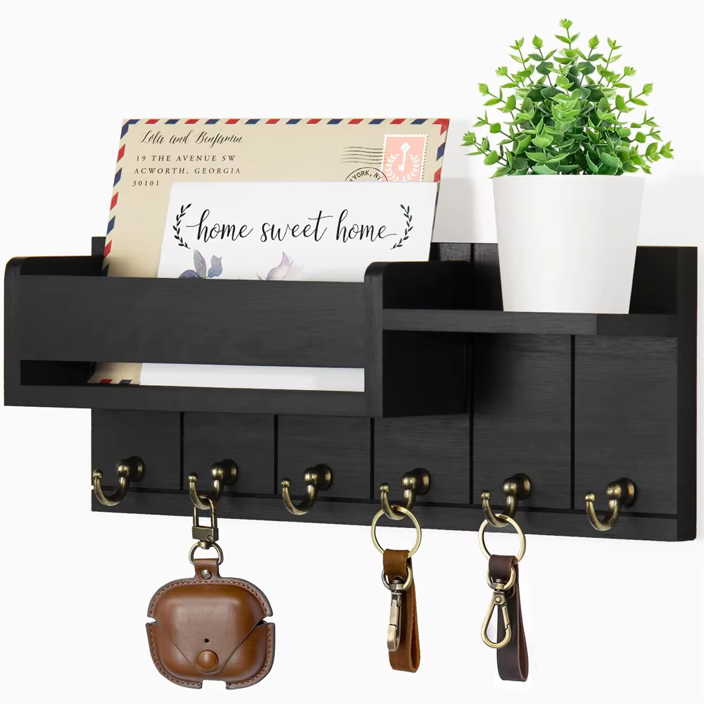 Étagère murale en bois à décor rustique, avec crochets pour courrier et clés, organisateur à 6 croch