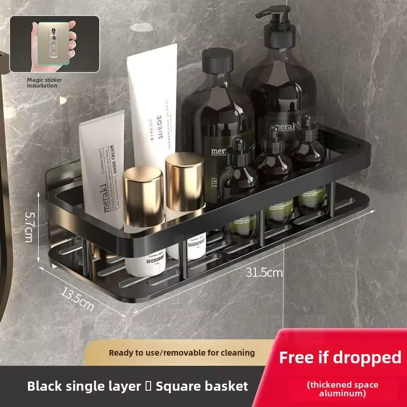 Étagères de salle de bain noires, 1 pièce, antirouille, support de rangement mural sans poinçonnage,