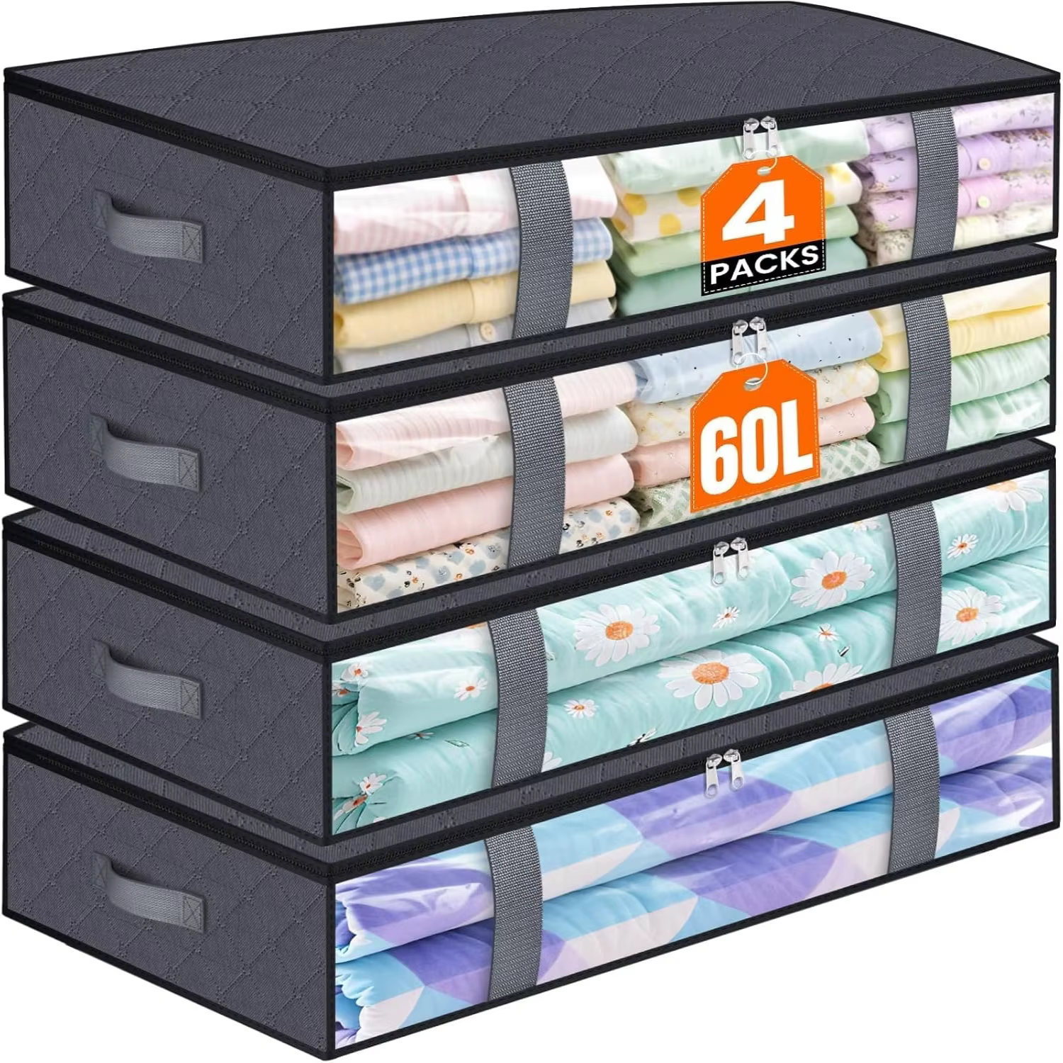Paquet de 4 conteneurs de rangement sous le lit, sac de rangement de couverture, rangement et Organi