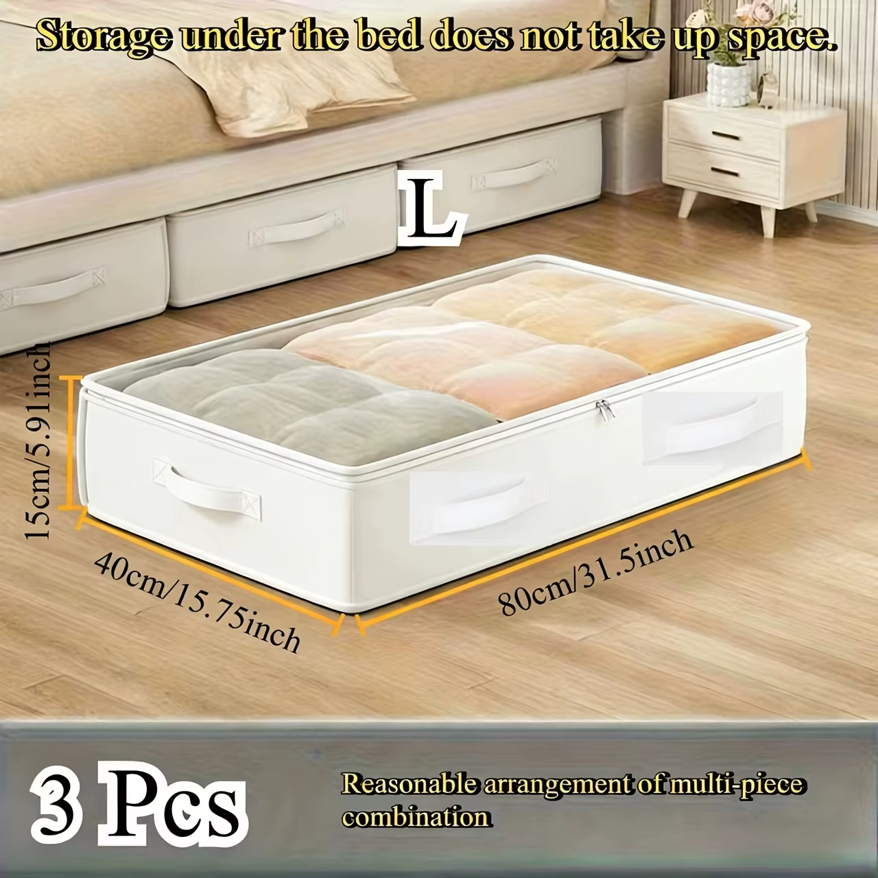 Lot de 3 boîtes de rangement blanches pour sommier, conteneurs de rangement pliables pour sommier