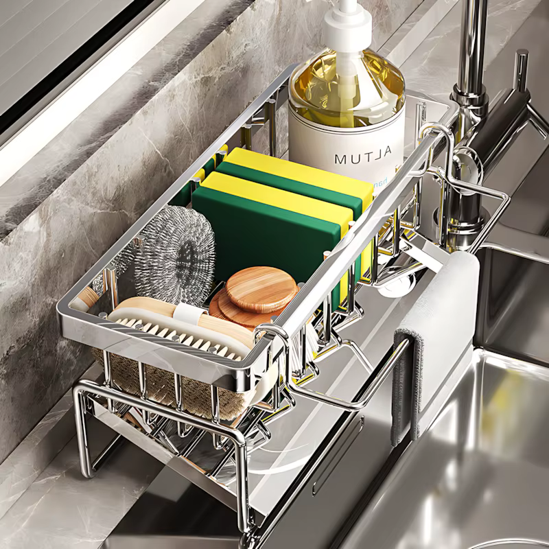 Égouttoir à vaisselle extensible en acier inoxydable pour comptoir de cuisine, avec rangement pour t