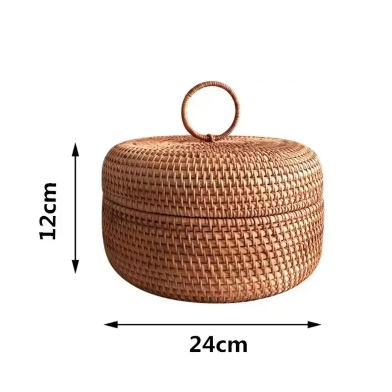 Boîte de rangement ronde en rotin et osier, avec couvercle, plateau tissé à la main, assiette de pai