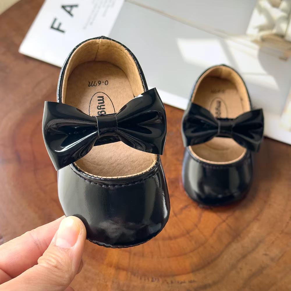Chaussures pour nouveau-né fille, chaussures en PU antidérapantes avec nœud papillon, robe de prince