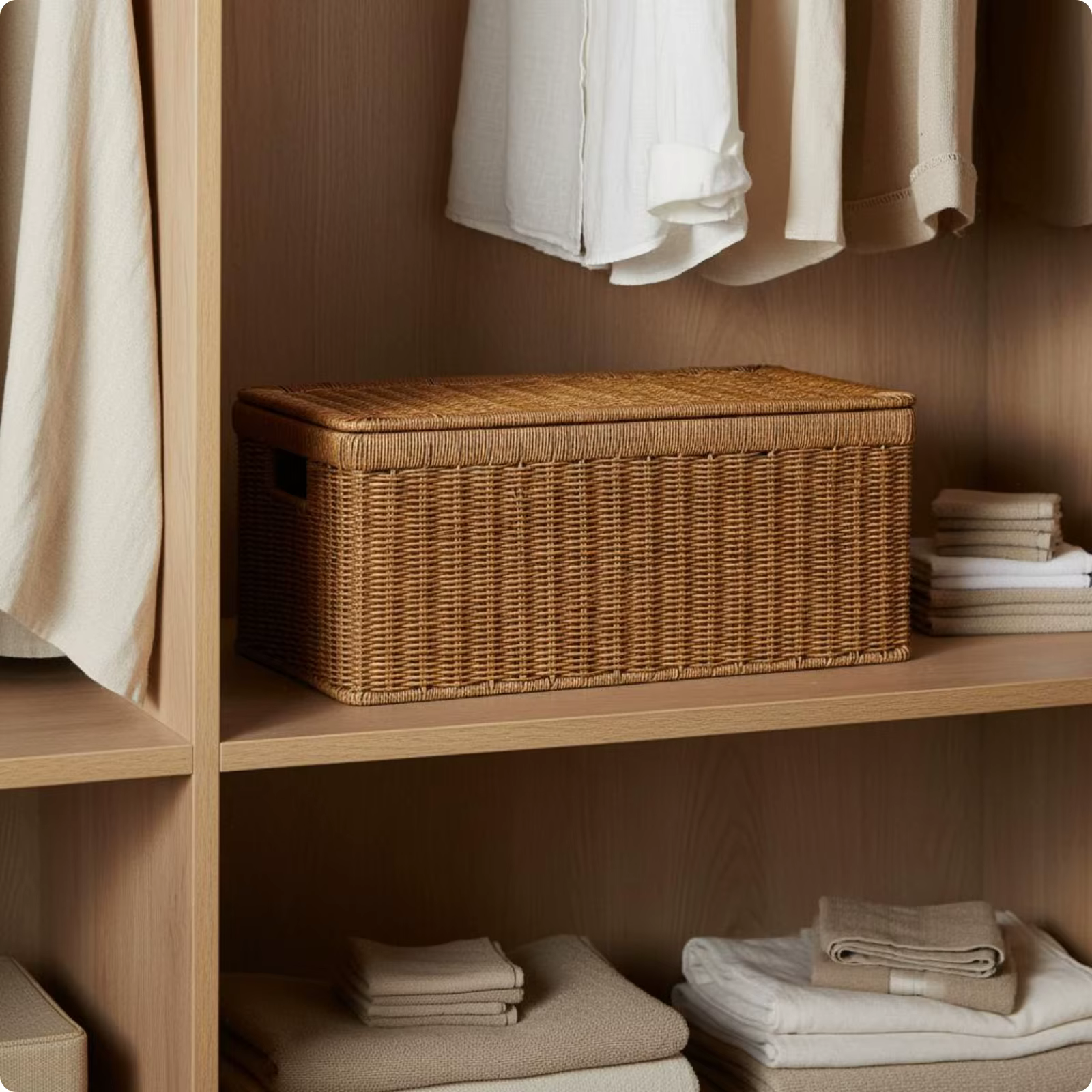 Boîte de rangement en rotin à parois rigides avec couvercle, panier de rangement en rotin avec couve