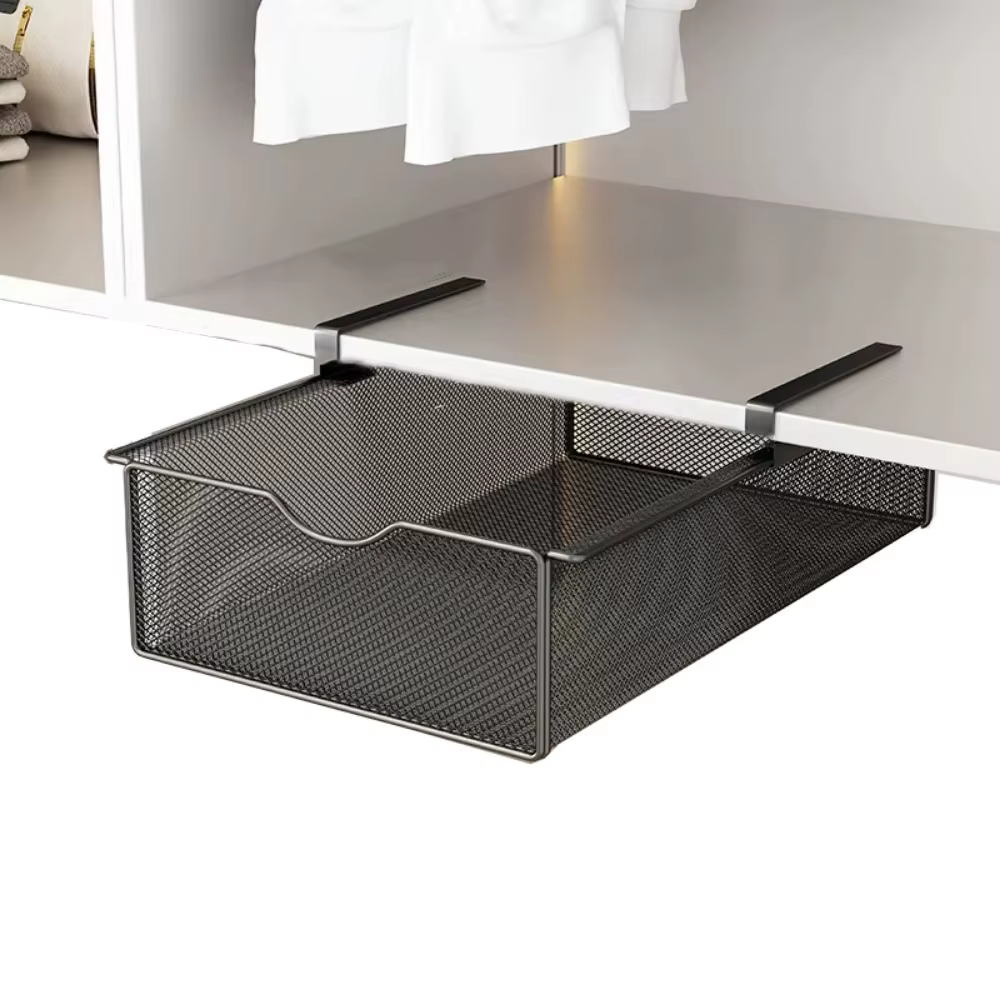 Compartiment de rangement coulissant en maille pour armoire, tiroir à glissière lisse, panier suspen