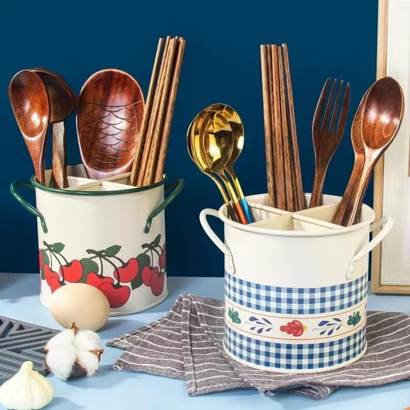 Seau de rangement de vaisselle rétro, égouttoir avec séparateur, boîte de rangement de couteaux et f