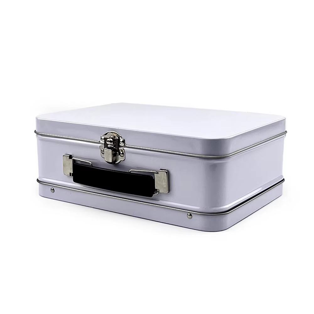 Boîte rectangulaire en fer à main, fer blanc, boîte à déjeuner à l'ancienne, blanc, noir, argent, bi