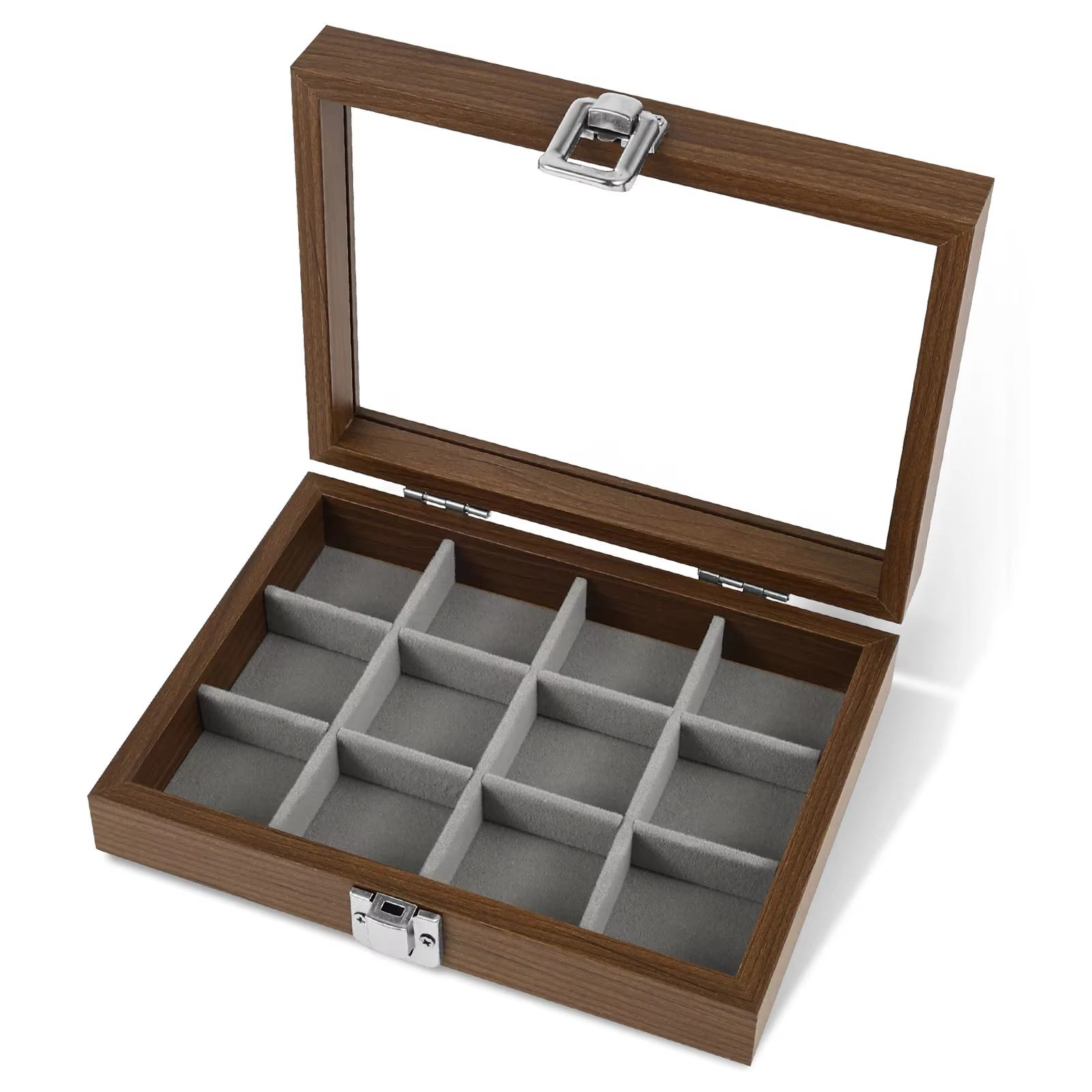 Boîte carrée transparente en bois à 12 compartiments pour collection de roches, pierres naturelles, 