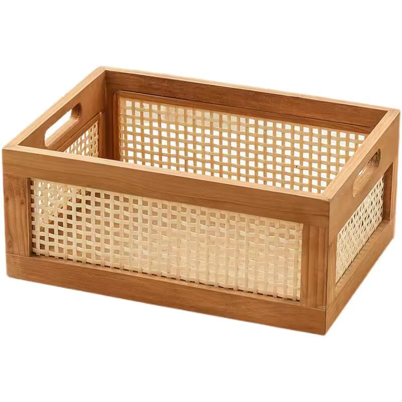 Boîte de rangement rétro en bois massif, panier de bureau en rotin, livres, collations, fruits, cosm