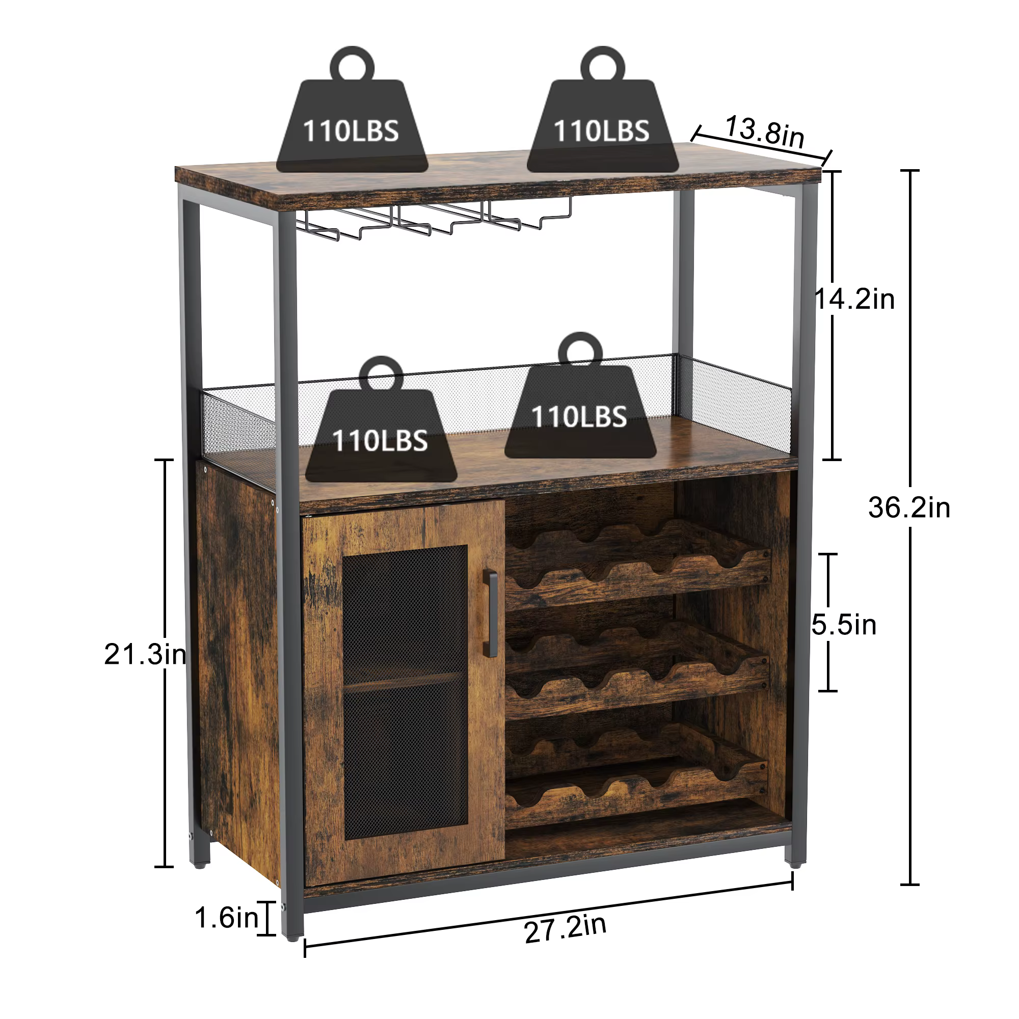 Buffet industriel avec grand espace de rangement, étagère amovible avec porte en verre et porte en m