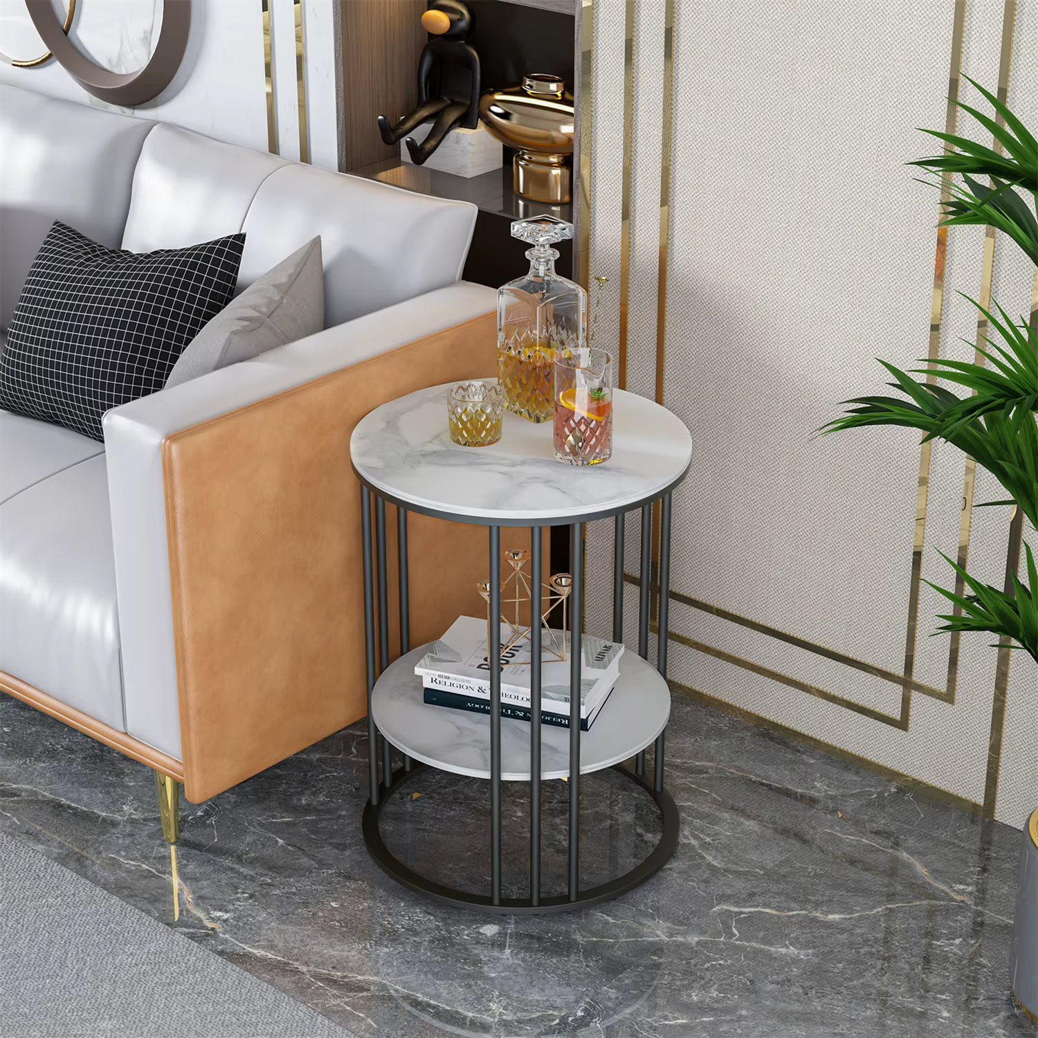 Table d'appoint ronde en pierre frittée à 2 niveaux, côté canapé blanc, petite table basse avec cadr