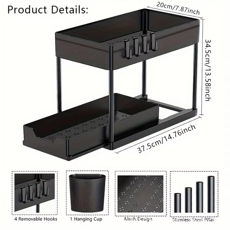 Étagère de rangement coulissante à 2 niveaux sous l'évier, support multifonctionnel pour armoire de