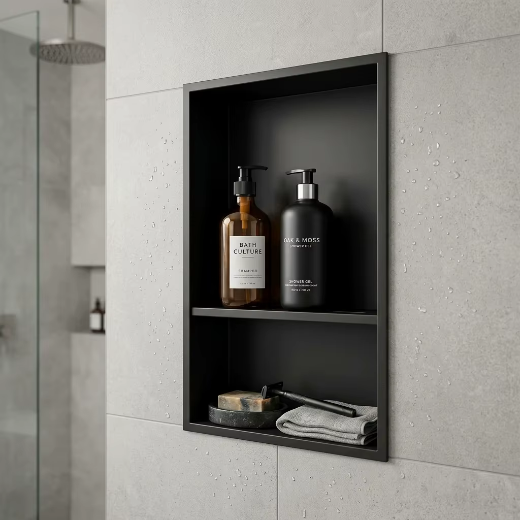 Niche de douche en acier 18'' x 12'' noir mat, sans carrelage, pour rangement mural encastré dans la