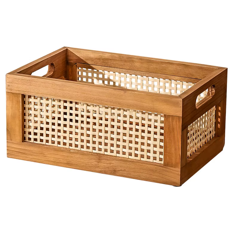 Boîte de rangement de bureau japonaise en bois massif, panier de rangement tissé en rotin rétro, liv