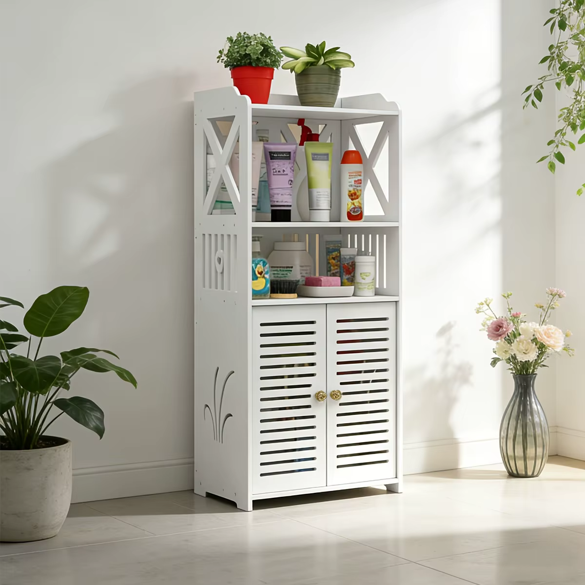 Meuble de salle de bain autoportant en PVC blanc ajouré en forme de X, style nordique, avec étagères