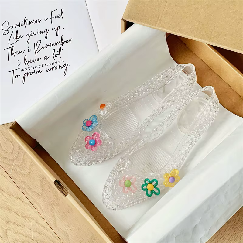 Sandales plates transparentes en gelée de cristal pour femme, à bout pointu et motif floral français