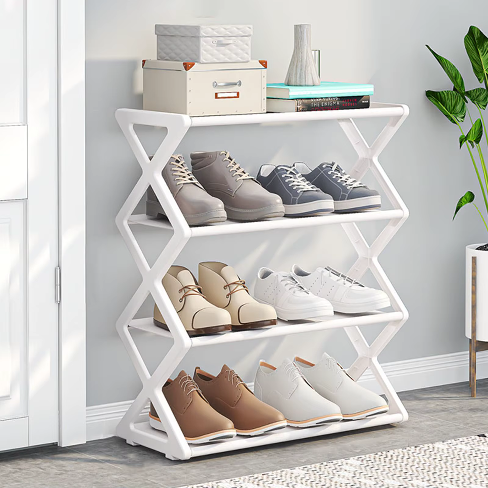 Étagère à chaussures pliable à 4 niveaux en forme de X, organisateur gain de place sans assemblage, 