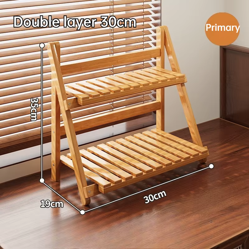 Étagère de rangement de bureau multifonctionnelle à double couche, en forme d'escalier, en bambou, a