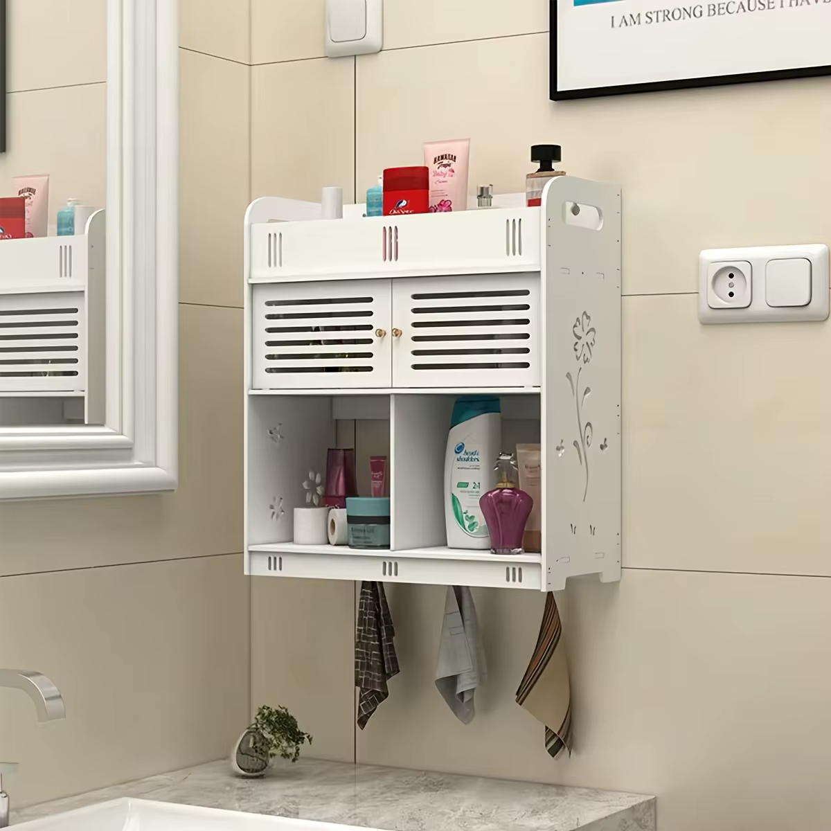 Armoire de rangement murale pour salle de bain en PVC blanc de style nordique, sans perçage, étagère