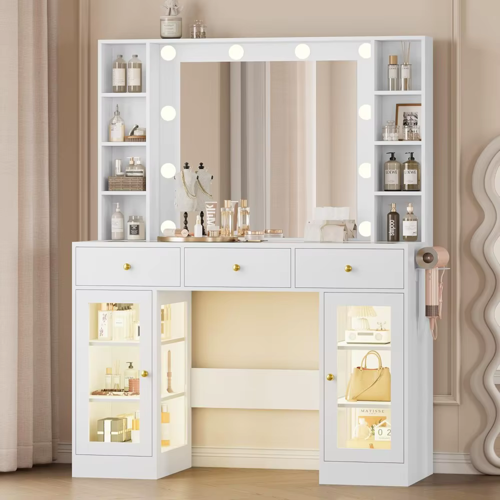 Vanité blanche avec plateau en verre, lumières LED et prise de courant, 3 tiroirs