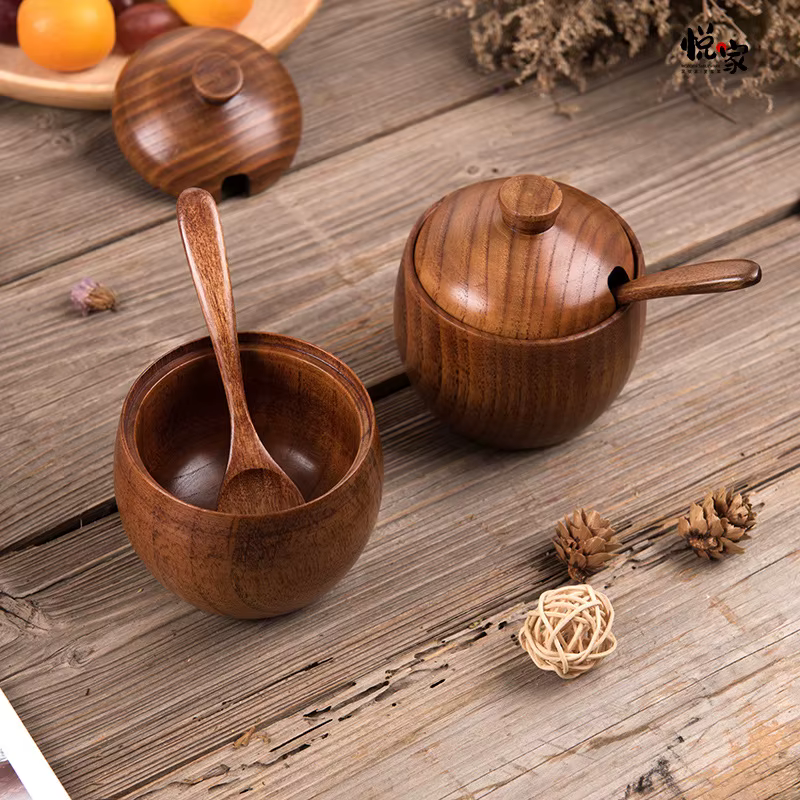 Pot d'assaisonnement en bois cuisine créative rétro sel Pot de sucre pot de stockage d'assaisonnemen