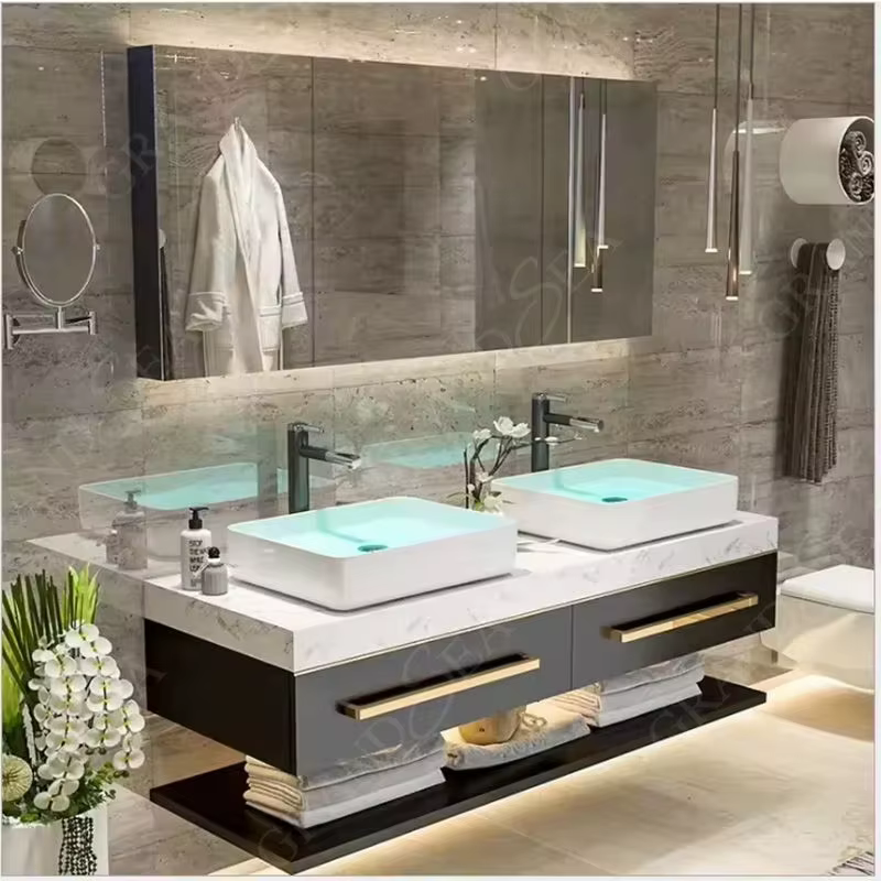 Meubles de rangement pour salle de bain, meubles d'intérieur modulaires, lavabo double vasque imperm