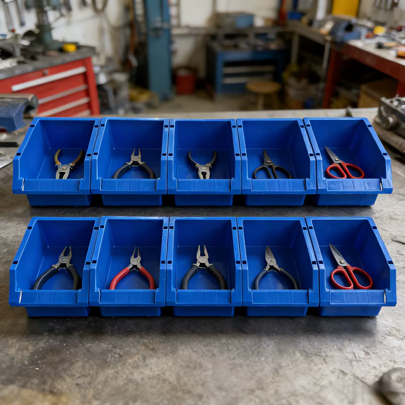 10 bacs de rangement en plastique bleu avec compartiments pour étiquettes - Système d'organisation m